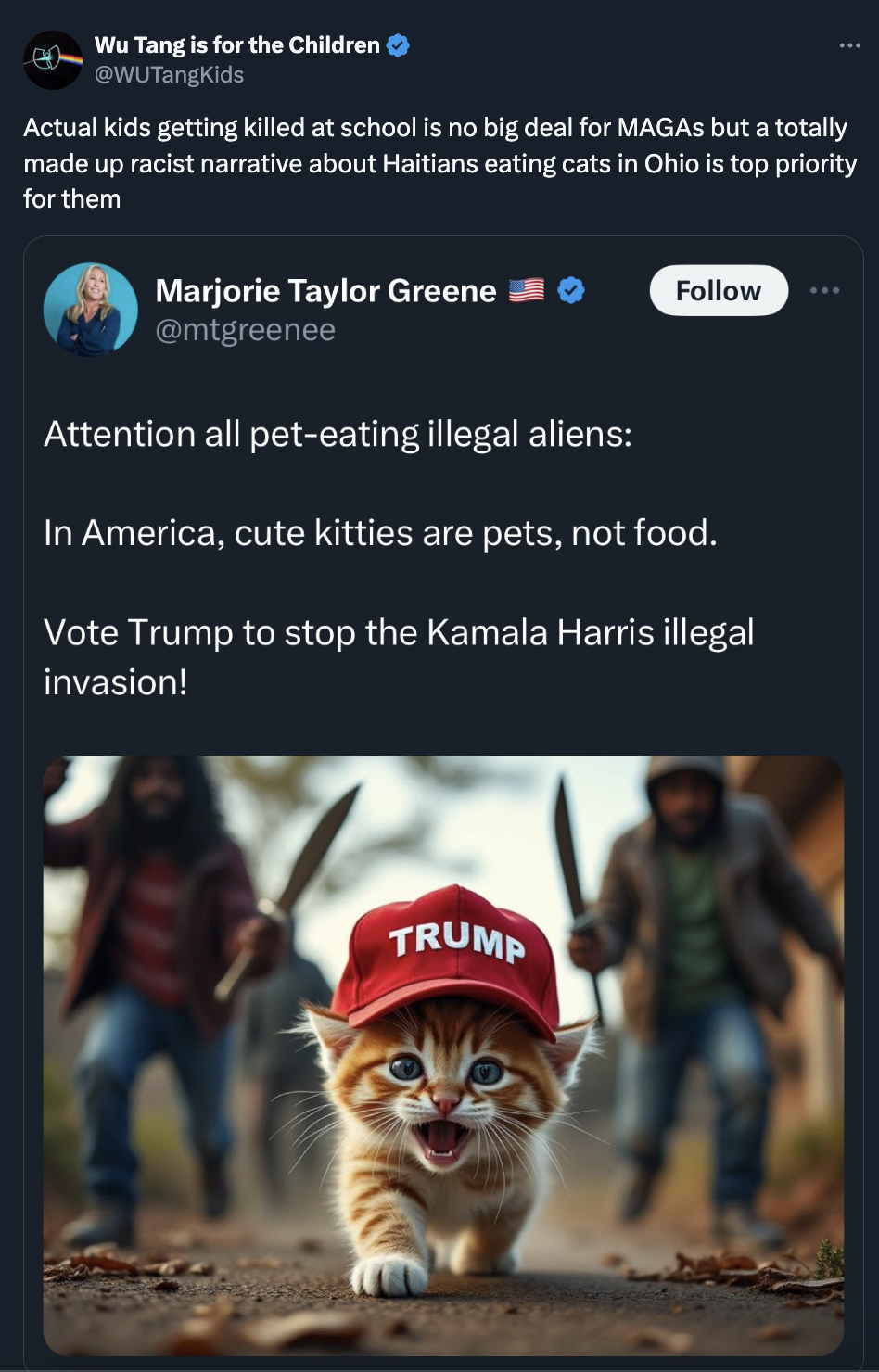 screenshot - Wu Tang is for the Children Actual kids getting killed at school is no big deal for Magas but a totally made up racist narrative about Haitians eating cats in Ohio is top priority for them Marjorie Taylor Greene Attention all peteating illega